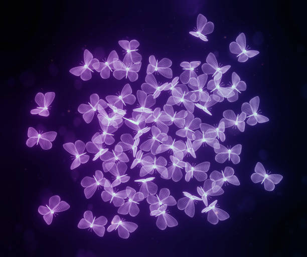 istock Flock of violet neon polygonal butterflies. Wireframe technology structure. 3d illustration 1297783091