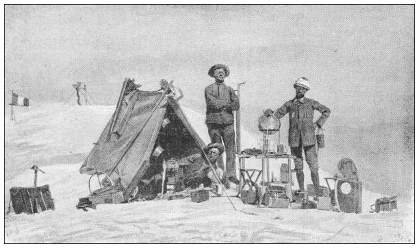 istock Antique black and white photograph: Mountain climbing on the Mont Blanc, on the summit 1297783451