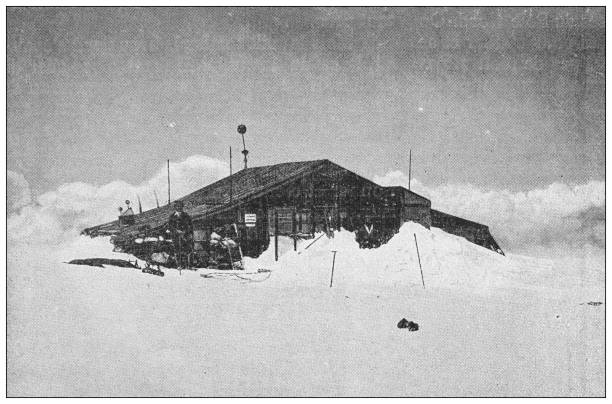 Antique black and white photograph: Mountain climbing on the Mont Blanc, Vallot Hut observatory
