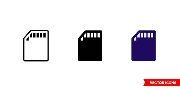 ilustraciones, imágenes clip art, dibujos animados e iconos de stock de icono de la tarjeta sd de 3 tipos de color, blanco y negro, contorno. símbolo de signo vectorial aislado - memory card memories technology data