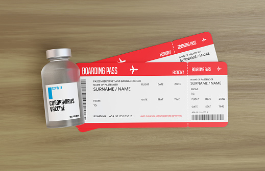 3D Render Covid-19 Vaccine and 2 Airline Boarding Pass Tickets on the wooden table. Global coronavirus and Travel concept. Horizontal composition with copy space.