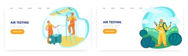 Air testing landing page design, website banner vector template set. Air quality testing inside the room and outside. Air testing landing page design, website banner template set, flat vector illustration. Air quality testing process inside the room and outside. air quality stock illustrations