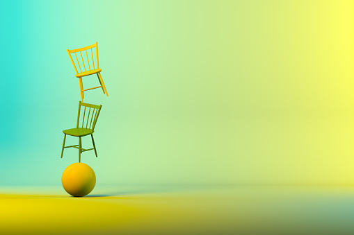 Balance with chair and sphere on color gradient background. Minimal concept, leadership, business.