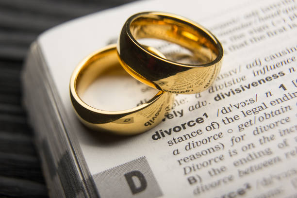 istock Divorce and separation concept. Two golden wedding rings. Dictionary definition word 1297789248
