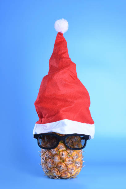 istock Ripe pineapple, ananas with glasess in Santa's hat. New Year fruit concept 1297791442