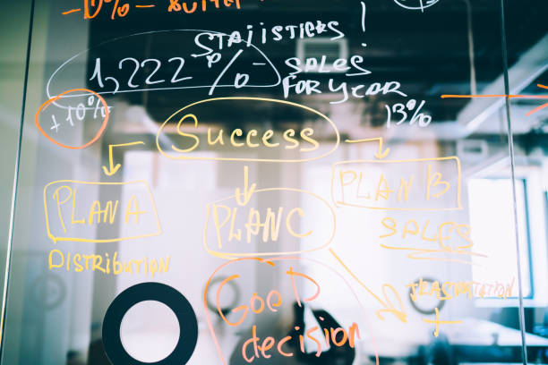 istock Selective focus on modern glass board with information memo notes for business planning with financial accounting, concept of analyze education statistics wrote in company office interior 1297792458
