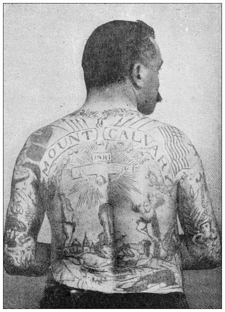 Antique black and white photograph: Tattoos Antique black and white photograph: Tattoos chest tattoo men stock illustrations