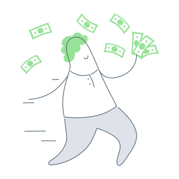 Pay on the go, overspend, receive wages, carefree spending Pay on the go, cute outline cartoon man running and scattered with cash money. Easy banking, overspend, receive wages. Flat line minimal vector illustration. over spend stock illustrations