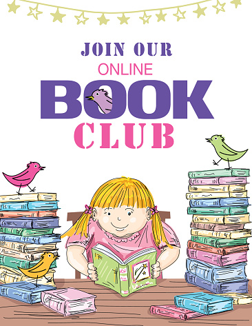 Cute flyer for an online childrens reading club. Text is on a separate layer for easier editing. You can move objects around by releasing the clipping mask on. the layer with the books