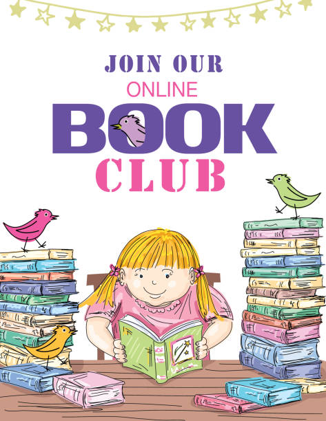 Kids Online Book Club Invitation Template Cute flyer for an online childrens reading club. Text is on a separate layer for easier editing. You can move objects around by releasing the clipping mask on. the layer with the books kids reading clipart stock illustrations