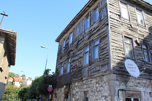 Bartin, Turkey-September 15, 2012: A Ruined Wood Three-Storey Building in Amasra, the first floor is Stone and the Other Two Layers of Wood.