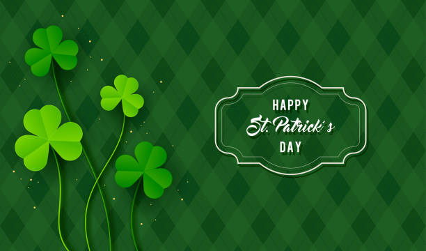 ilustrações de stock, clip art, desenhos animados e ícones de happy st. patrick's day background vector illustration. shamrock leaves on green argyle pattern background - st patricks day spring clover leaf shape clover