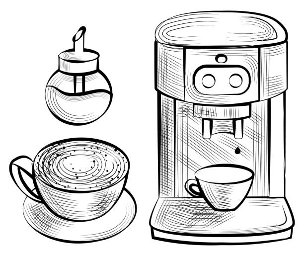 자바와 설탕 그릇, 커피 머신, 머그컵 벡터 - latté cafe cappuccino java stock illustrations