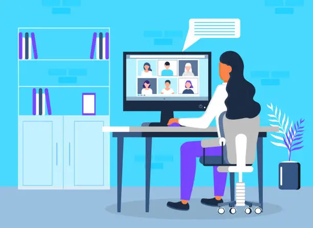 Vector illustration of Remote school class is studying. Video call conference concept vector. Social distancing during quarantine. University online course and teacher is working. Teleconference or webinar