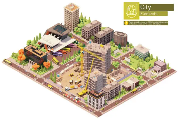 Vector illustration of Vector isometric city block with construction site