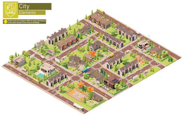 Vector isometric city suburban area block Vector isometric city suburban area block. Buildings, houses, homes, townhouses and cottages. People and transport on the streets. 3d city street stock illustrations