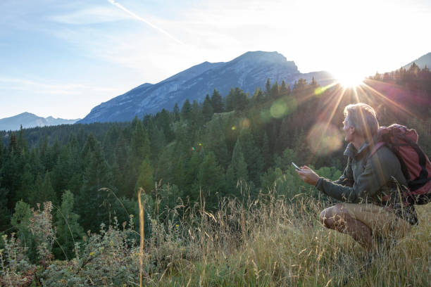 istock Male hiker walks along forested trail at sunrise 1297800128