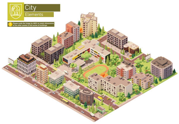 Vector isometric city or town block with school Vector isometric city or town block with school building. Buildings, houses, homes and offices. People and transport on the streets. town stock illustrations