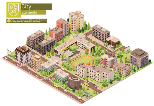 Vector isometric city or town block with school Vector isometric city or town block with school building. Buildings, houses, homes and offices. People and transport on the streets. 3d city street stock illustrations