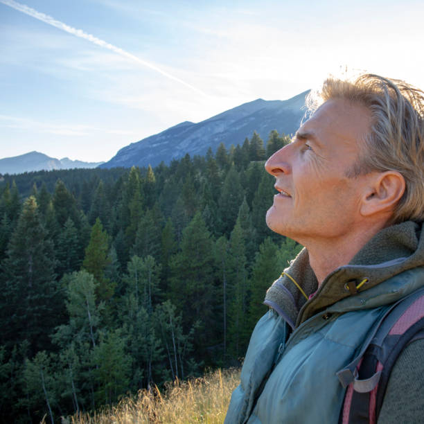 istock Male hiker walks along forested trail at sunrise 1297800212
