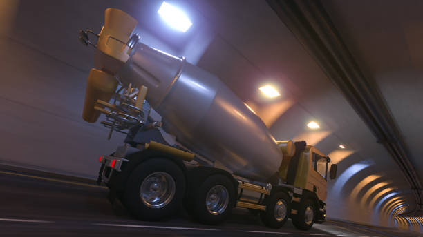 cement mixer moving inside an empty illuminated tunnel - truck motion road cement truck imagens e fotografias de stock