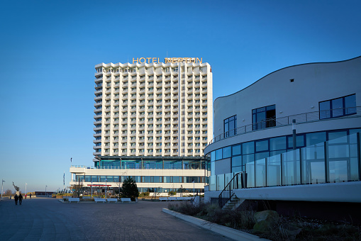Warnemuende, Germany – January 17, 2020: Hotel Neptun, one of the landmarks of Warnemuende on the German Baltic coast