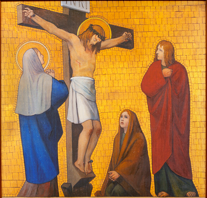 Prague - The painting of crucifixion (cross way station) in the church kostel Svatého Cyrila Metodeje by  S. G. Rudl.