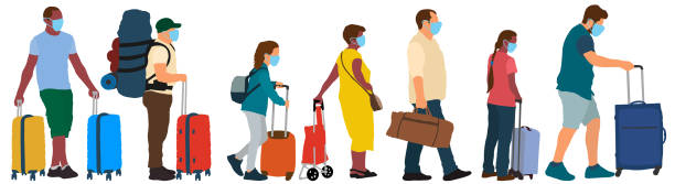 Masked tourists. Crowd of people with suitcases. Travel era of a pandemic COVID-19. Vector silhouette set Masked tourists. Crowd of people with suitcases. Travel era of a pandemic COVID-19. Vector silhouette set airport borders stock illustrations