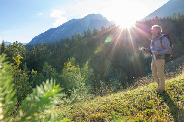 istock Male hiker walks along forested trail at sunrise 1297808427