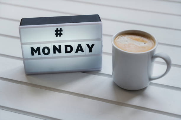 Monday Text “Monday" on light box and cup of coffee monday stock pictures, royalty-free photos & images