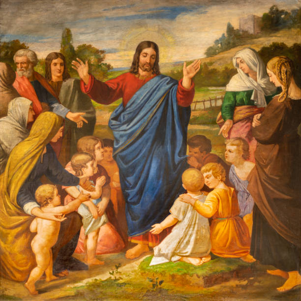 barcelona - the painting of jesus among the children - color image jesus christ child people imagens e fotografias de stock