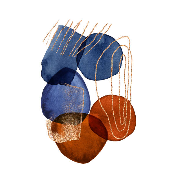 istock Modern illustration with watercolor circles, stains, gold lines, powder, brush strokes. Blue, brown transparent circles for wall pictures, logo, covers 1297810703