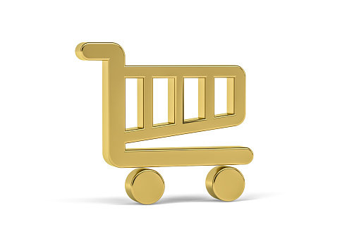 Golden 3d shopping cart icon isolated on white background - 3D render