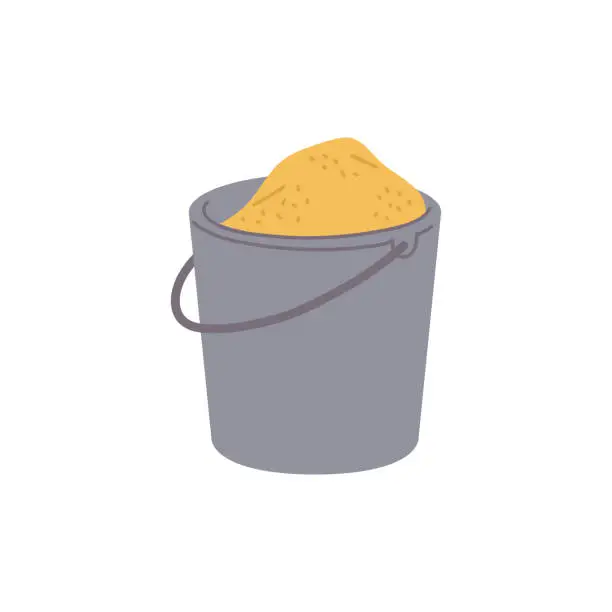 Vector illustration of Bucket full of sand or yellowish grit flat vector illustration isolated on white.