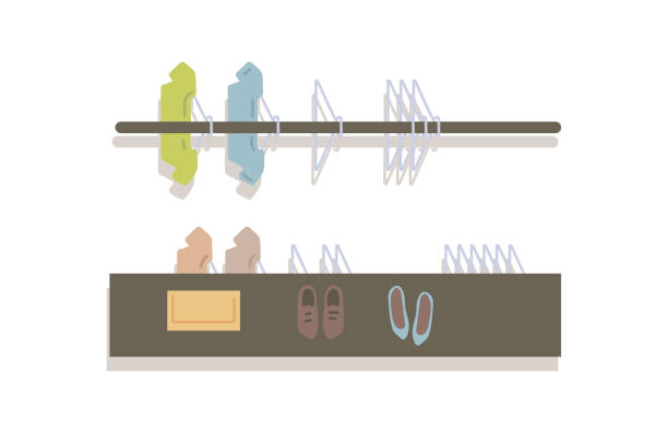 Clothes closet from top view - fashion clothing items on hangers Clothes closet from top view - fashion clothing items hanging on hangers inside wardrobe isolated on white background. Vector illustration of garments and shoes clothes hanger storage stock illustrations