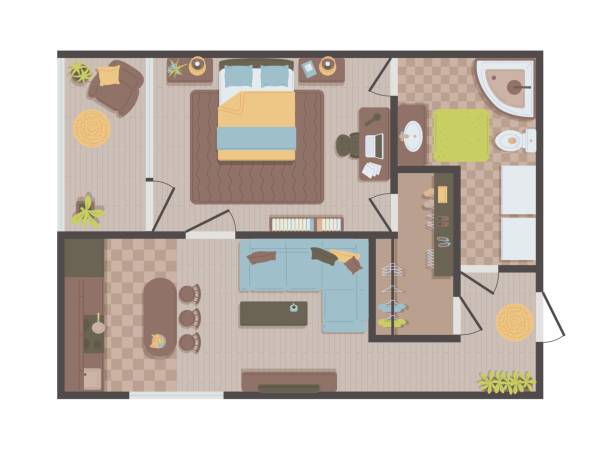 Plan for apartment or flat with furniture vector illustration isolated. Plan for one bedroom apartment or flat with furniture. Top view of apartment with example of furniture arrangement, vector illustration isolated on white background. bedroom drawings stock illustrations