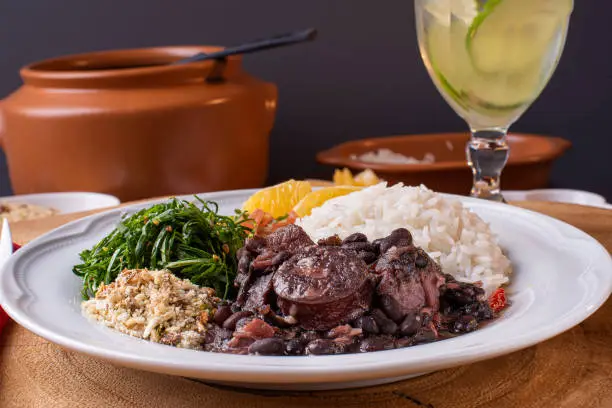 Traditional Brazilian food called Feijoada. Black beans with pork.