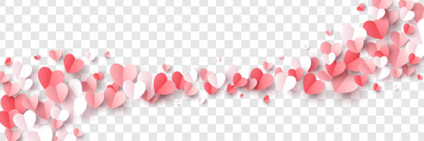 Paper cut hearts border Red, pink and white flying hearts isolated on transparent background. Vector illustration. Paper cut decorations for Valentine's day border or frame design, valentine card stock illustrations