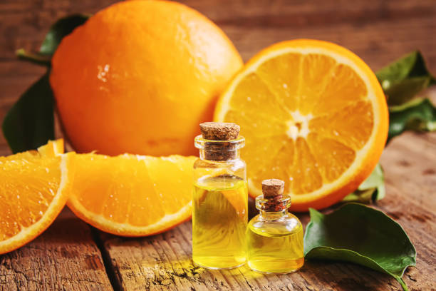 istock Essential aroma oil with citrus on wooden background. Selective focus. 1297820569