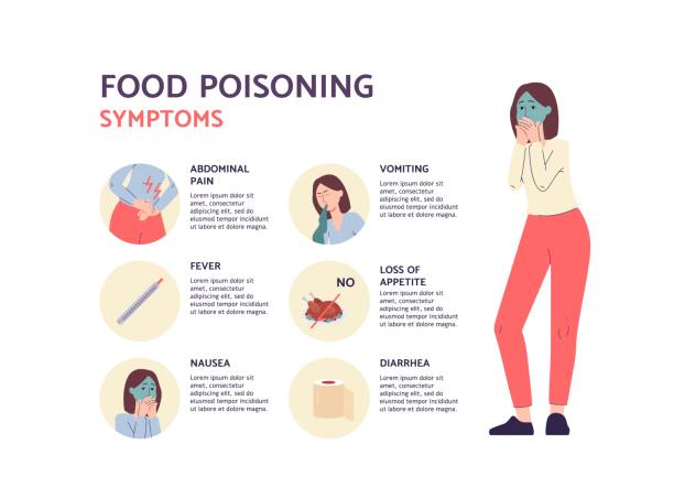 Banner of symptoms of food poisoning with cartoon symbols vector illustration. Banner depicting symptoms of food poisoning with cartoon woman character and symbols, flat vector illustration. Intoxication or poisoning by expired food and alcohol. food poisoning stock illustrations