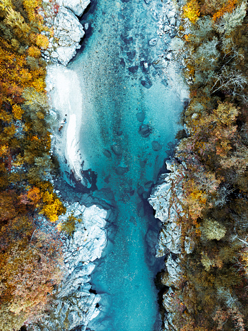 Drone view on the Italian Alps, river