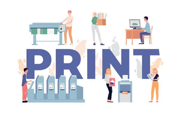 ilustrações, clipart, desenhos animados e ícones de serviços de impressão e tipografia banner ilustração vetorial plana isolada. - printing press print printout colors