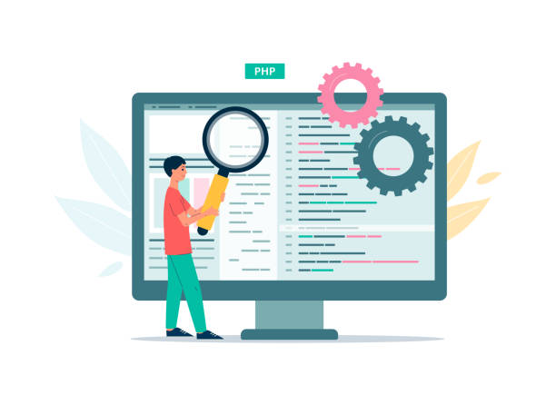 Code testing technology, web programming, application development and debugging. Code testing technology, web programming, application development and debugging. The programmer looks for bugs and errors and does data analysis. Vector flat illustration. doe stock illustrations