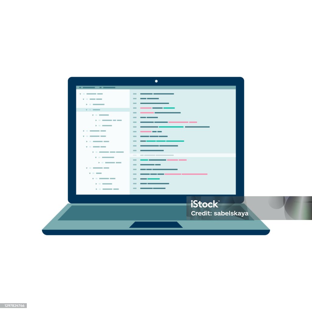 Open Laptop With Program Code On Screen Flat Vector Illustration ...