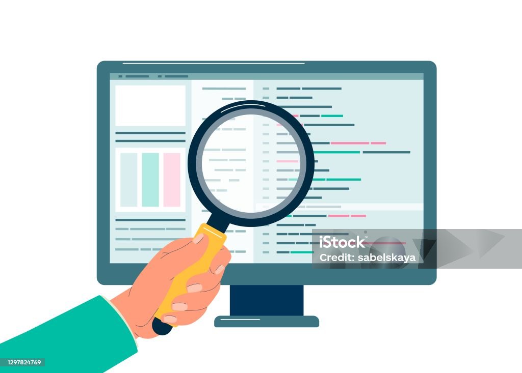 Programmers Hand With Magnifier Checking Code Flat Vector Illustration ...
