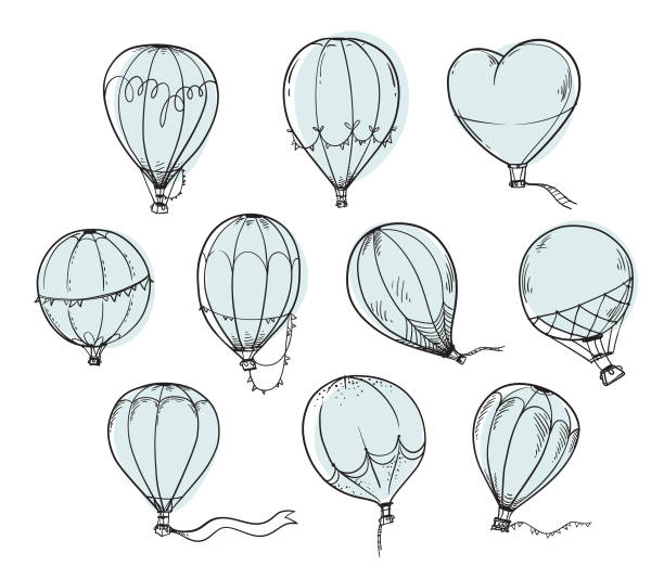 ilustraciones, imágenes clip art, dibujos animados e iconos de stock de conjunto de balons de aire caliente, ilustración de línea vectorial - flying vacations doodle symbol