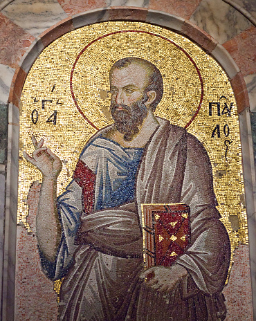 Istanbul, Turkey - October 31, 2015: Saint Paul the Apostle, ancient mosaic to right of the door leading in to the nave in the Church of the Holy Saviour in Chora, also known as Kariye Mosque. Its a fine example of fourteenth century Byzantine Christian mosaic art.