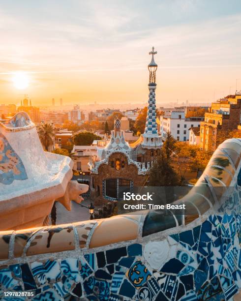 Barcelona At Sunrise Viewed From Park Guell Barcelona Stock Photo - Download Image Now