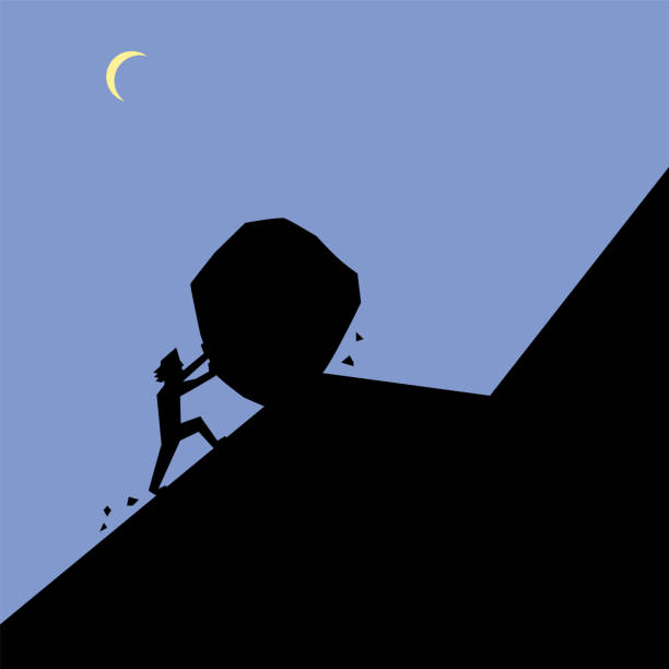 человек толкает большой камень вверх по холму, тяжелая работа в ночное время - strength struggle emotional stress business stock illustrations