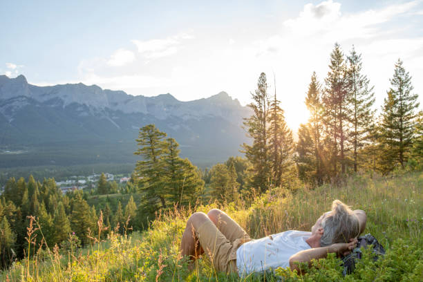 istock Mature hiker reclines in mountain meadow at sunset 1297829896